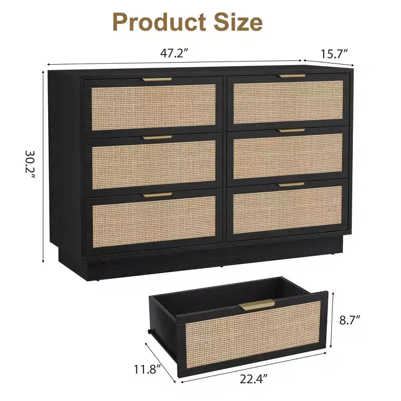Comò in Rattan a 6 Cassetti per Camera da Letto, Cassettiera in Legno con Maniglie in Metallo, Organizzatore Moderno Versatile per Camera da Letto, Ingresso, Corridoio