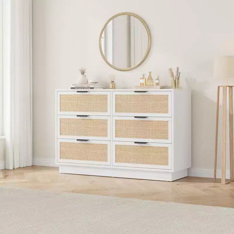 Comò in Rattan a 6 Cassetti per Camera da Letto, Cassettiera in Legno con Maniglie in Metallo, Organizzatore Moderno Versatile per Camera da Letto, Ingresso, Corridoio