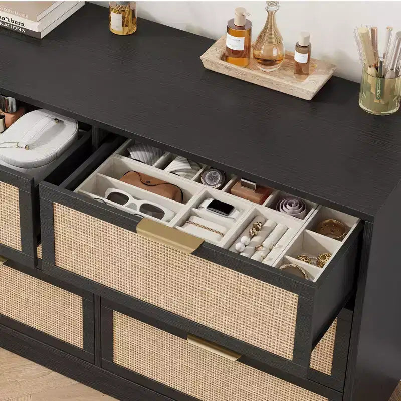 Comò in Rattan a 6 Cassetti per Camera da Letto, Cassettiera in Legno con Maniglie in Metallo, Organizzatore Moderno Versatile per Camera da Letto, Ingresso, Corridoio