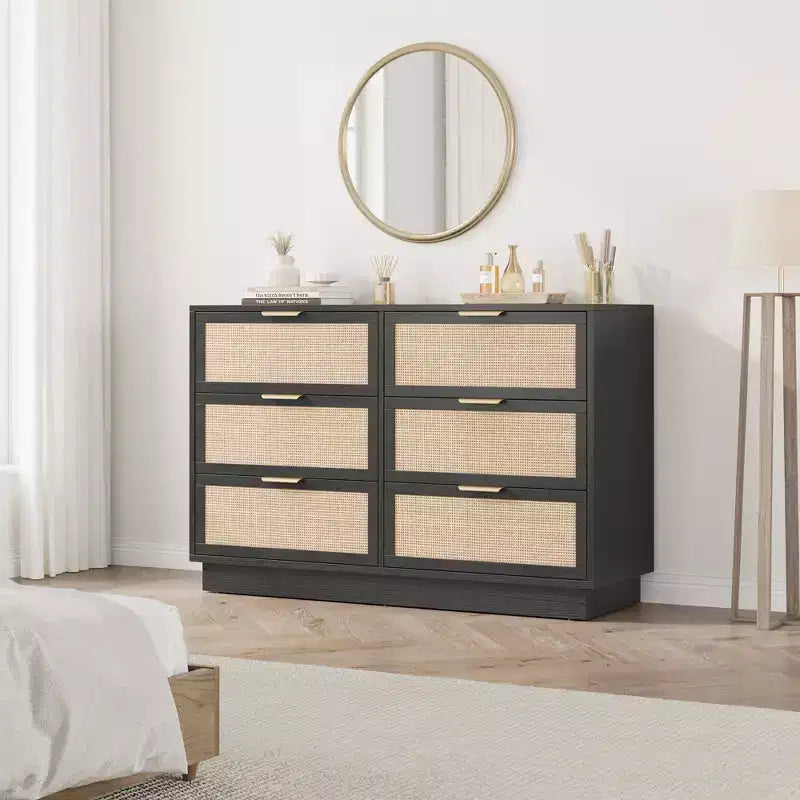 Comò in Rattan a 6 Cassetti per Camera da Letto, Cassettiera in Legno con Maniglie in Metallo, Organizzatore Moderno Versatile per Camera da Letto, Ingresso, Corridoio