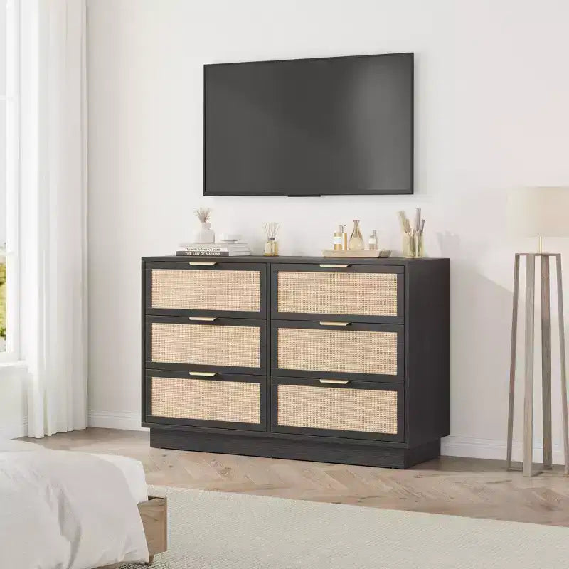 Comò in Rattan a 6 Cassetti per Camera da Letto, Cassettiera in Legno con Maniglie in Metallo, Organizzatore Moderno Versatile per Camera da Letto, Ingresso, Corridoio