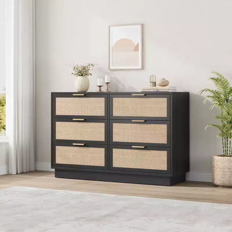 6 Drawer Rattan Dresser for Bedroom,Wood Chest of Drawers with Metal Handle,Modern Versatile Organizer for Bedroom,Entryway, Hallway