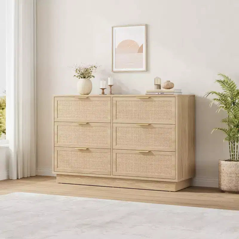 Comò in Rattan a 6 Cassetti per Camera da Letto, Cassettiera in Legno con Maniglie in Metallo, Organizzatore Moderno Versatile per Camera da Letto, Ingresso, Corridoio
