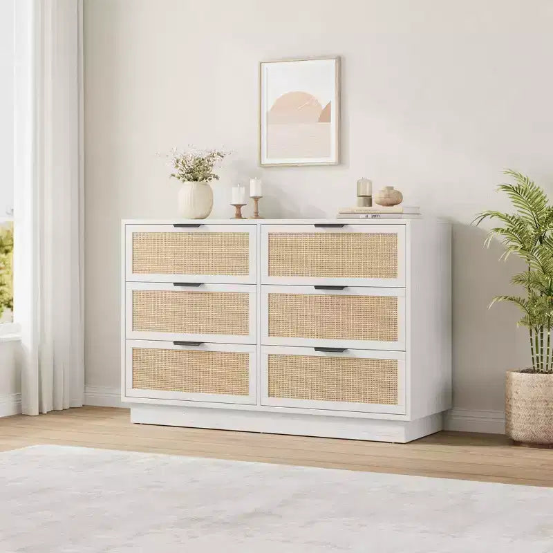 Comò in Rattan a 6 Cassetti per Camera da Letto, Cassettiera in Legno con Maniglie in Metallo, Organizzatore Moderno Versatile per Camera da Letto, Ingresso, Corridoio