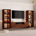 Mobile TV ATJafurn marrone, moderno mobile TV in legno con pannello in rilievo e vetrina illuminata in stile Mid-Century