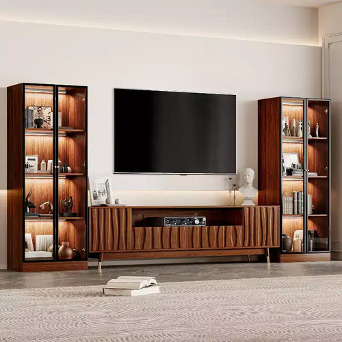 ATJafurn Brown Entertainment Center, Mid Century Modern Wood TV Stand with Relief Panel and Glass Display Cabinet With Lights