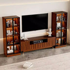 Mobile TV ATJafurn marrone, moderno mobile TV in legno con pannello in rilievo e vetrina illuminata in stile Mid-Century