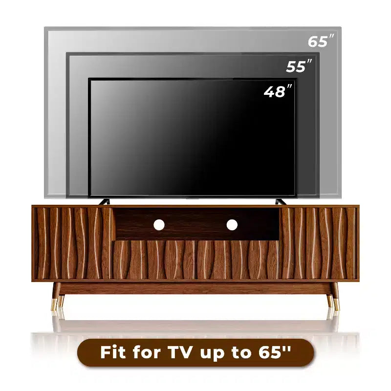 Mobile TV ATJafurn marrone, moderno mobile TV in legno con pannello in rilievo e vetrina illuminata in stile Mid-Century