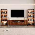 Mobile TV ATJafurn marrone, moderno mobile TV in legno con pannello in rilievo e vetrina illuminata in stile Mid-Century