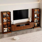 Mobile TV ATJafurn marrone, moderno mobile TV in legno con pannello in rilievo e vetrina illuminata in stile Mid-Century