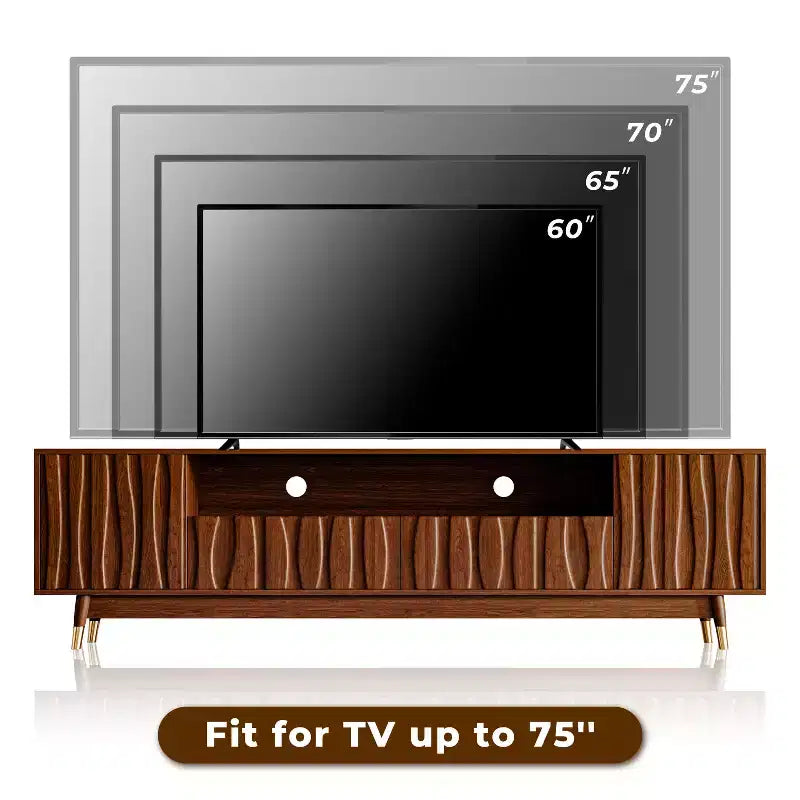 Mobile TV ATJafurn marrone, moderno mobile TV in legno con pannello in rilievo e vetrina illuminata in stile Mid-Century