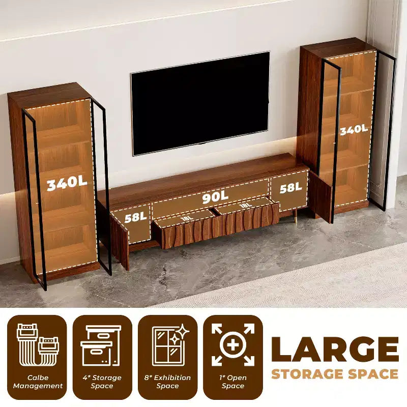Mobile TV ATJafurn marrone, moderno mobile TV in legno con pannello in rilievo e vetrina illuminata in stile Mid-Century