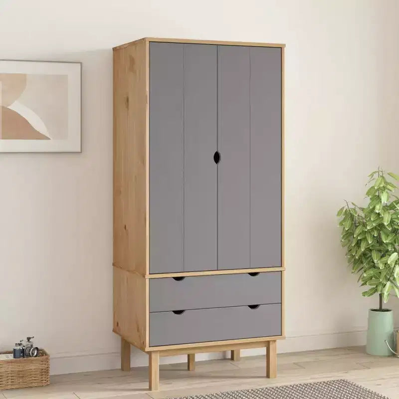 vidaXL Armadio Marrone e grigio Legno massello di pino, legno multistrato Standard