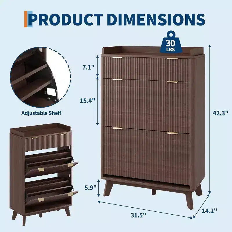 GustoWave Scarpiera Salvaspazio Stretta con Design Scanalato con 2 Cassetti a Ribalta e Cassetto Superiore