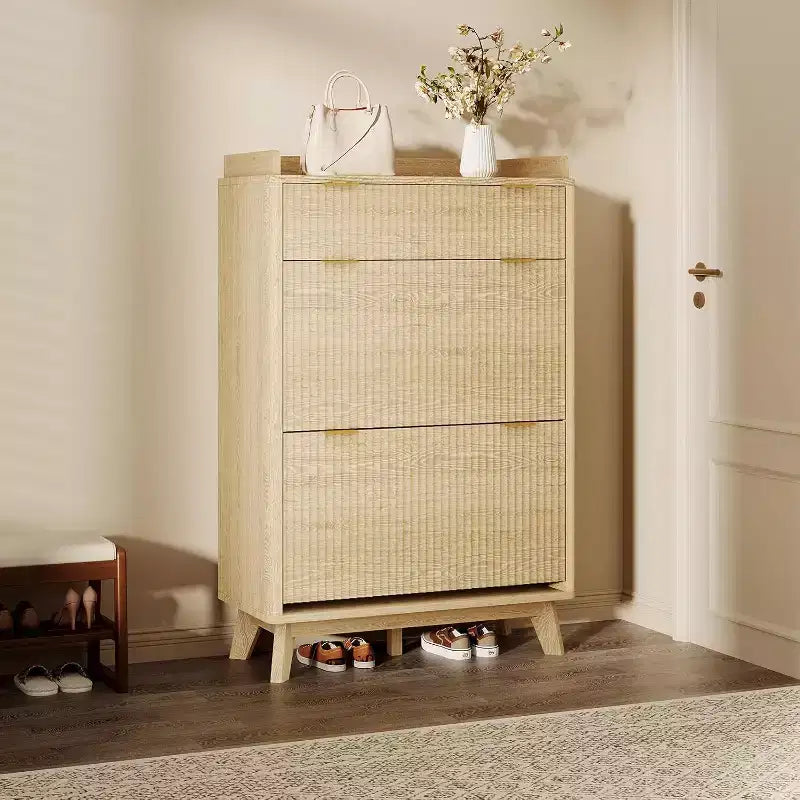GustoWave Scarpiera Salvaspazio Stretta con Design Scanalato con 2 Cassetti a Ribalta e Cassetto Superiore