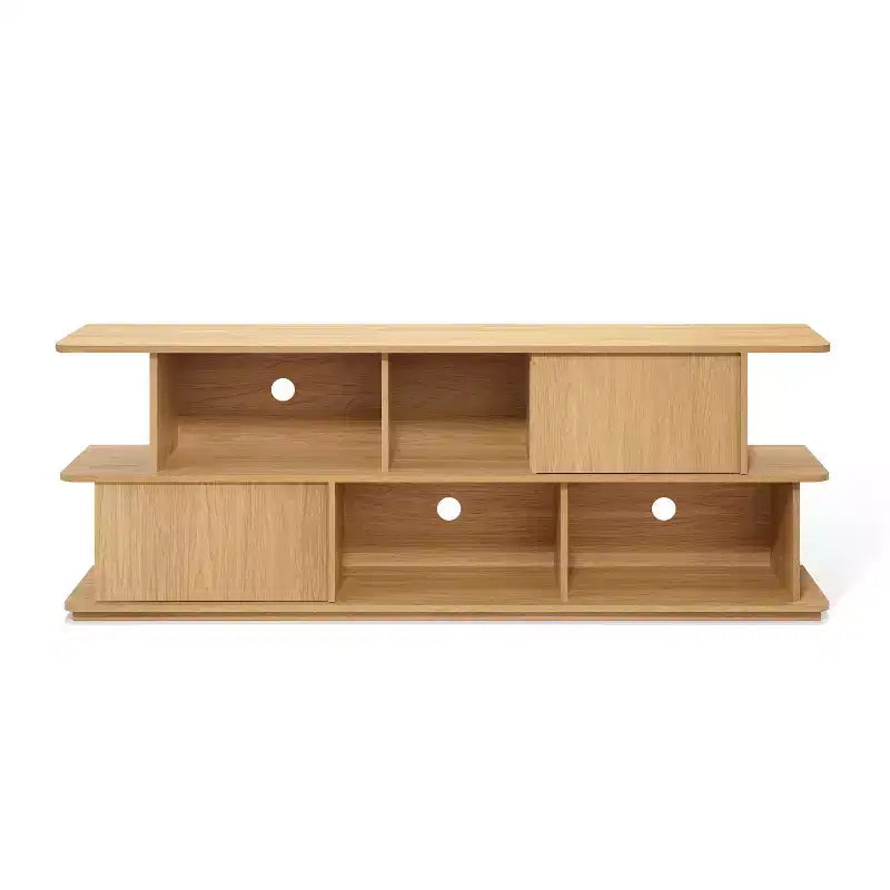 LuxenHome Compact 2-Layer TV Stand, Mixed Storage Console with Cabinets and Open Shelves Brown