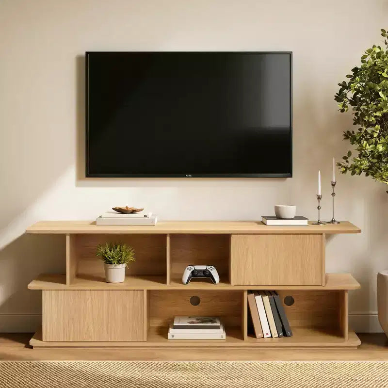 LuxenHome Mobile TV Compattto a 2 Livelli, Consolle con Armadietti e Ripiani aperti, Marrone