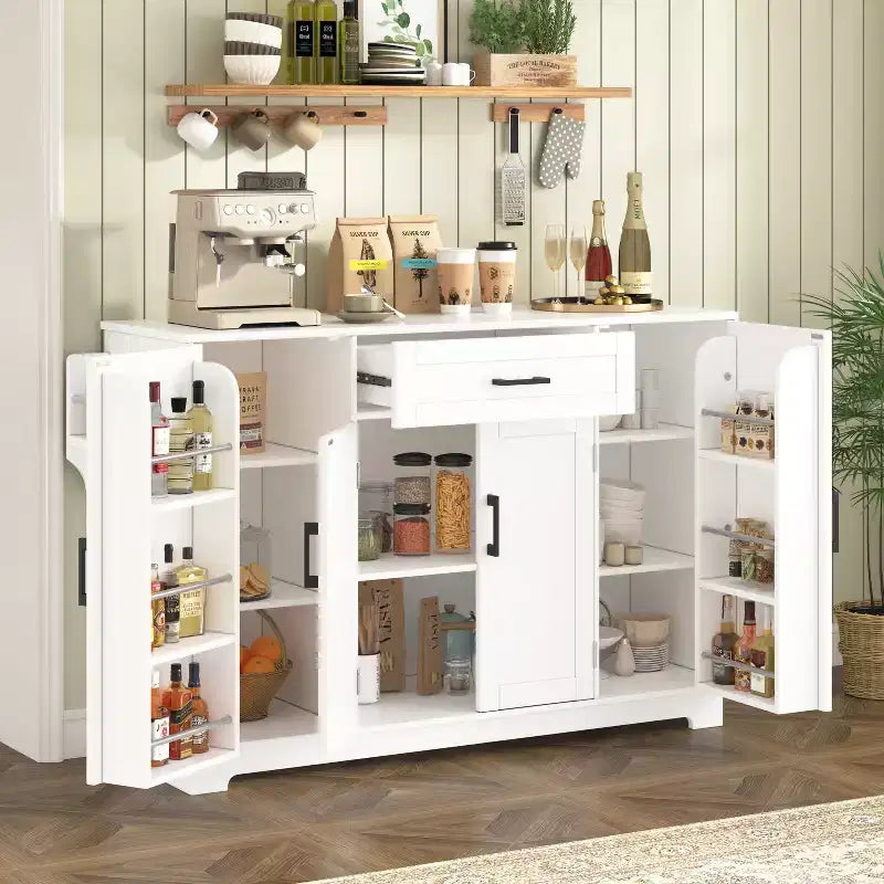 Credenza ModernLuxe con ante e cassetti, mobile dispensa per cucina con ripiani regolabili e portabottiglie laterali per sala da pranzo