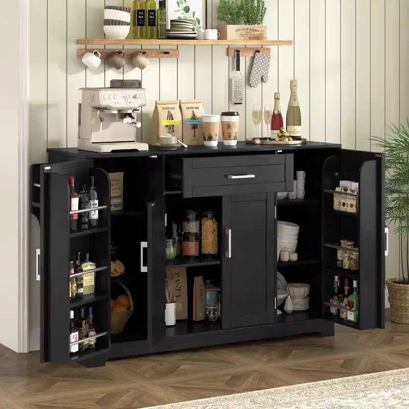 Credenza ModernLuxe con ante e cassetti, mobile dispensa per cucina con ripiani regolabili e portabottiglie laterali per sala da pranzo