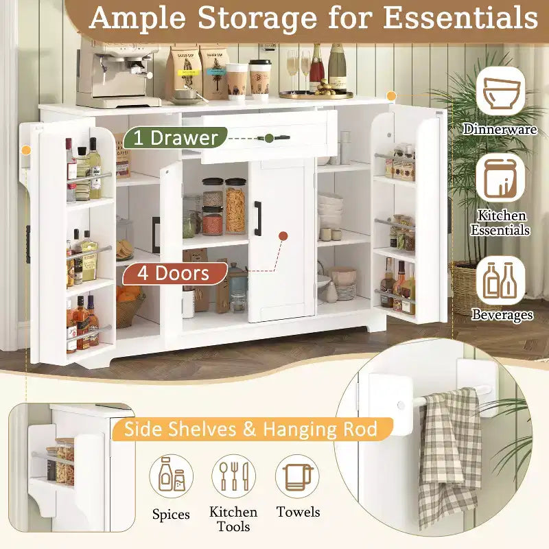 Credenza ModernLuxe con ante e cassetti, mobile dispensa per cucina con ripiani regolabili e portabottiglie laterali per sala da pranzo