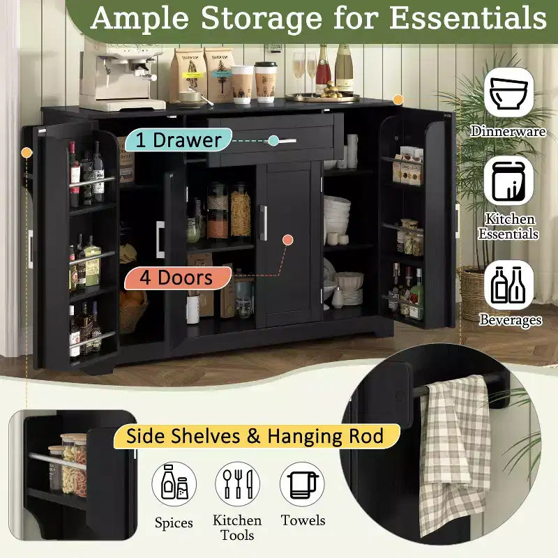 Credenza ModernLuxe con ante e cassetti, mobile dispensa per cucina con ripiani regolabili e portabottiglie laterali per sala da pranzo