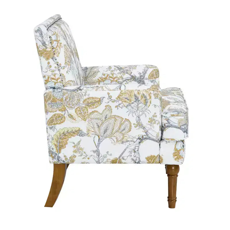 Poltrona in legno imbottita con motivi floreali GDFStudio Joshua, stile contemporaneo, con finiture borchiate