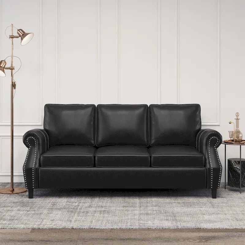 Divano moderno a 3 posti in similpelle da 80" con gambe in betulla e finiture borchiate