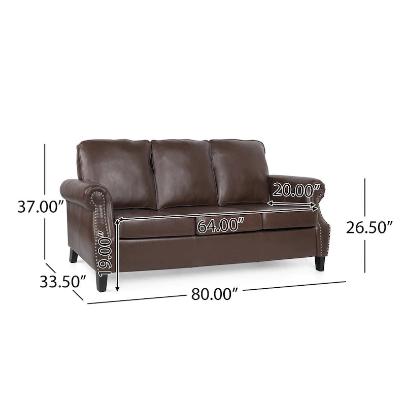 Divano moderno a 3 posti in similpelle da 80" con gambe in betulla e finiture borchiate