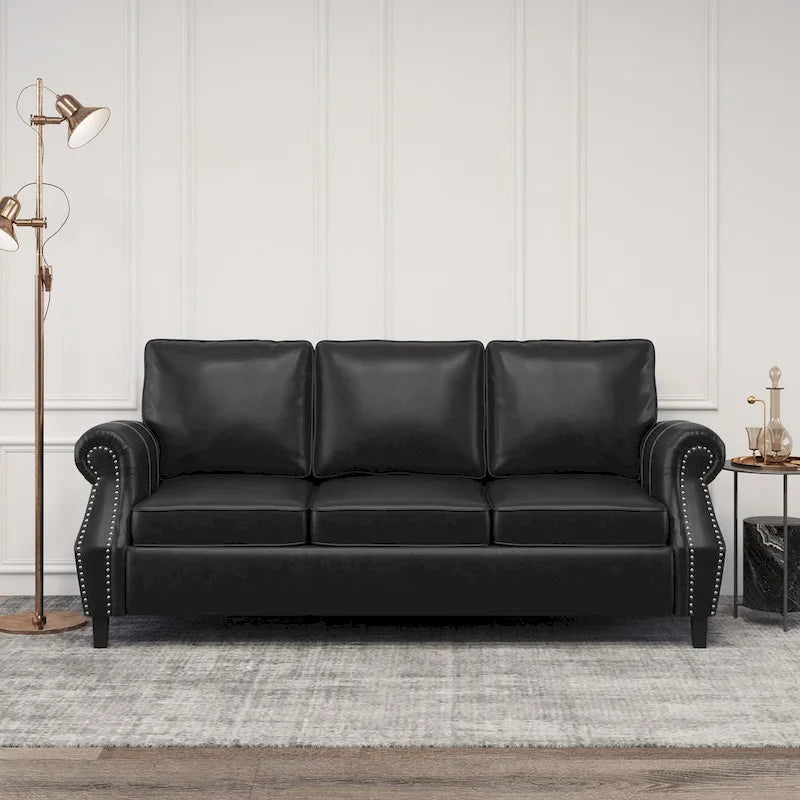 Divano moderno a 3 posti in similpelle da 80" con gambe in betulla e finiture borchiate