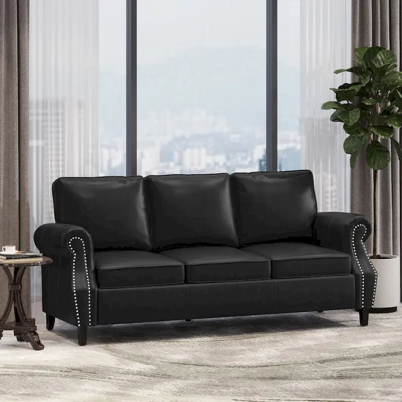 Divano moderno a 3 posti in similpelle da 80" con gambe in betulla e finiture borchiate