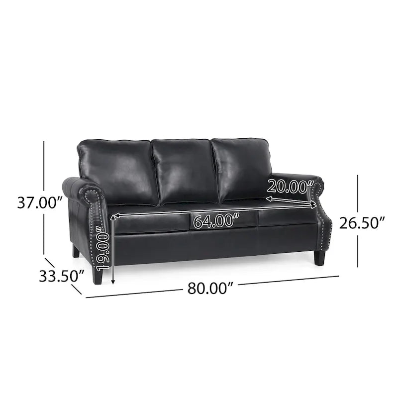 Divano moderno a 3 posti in similpelle da 80" con gambe in betulla e finiture borchiate
