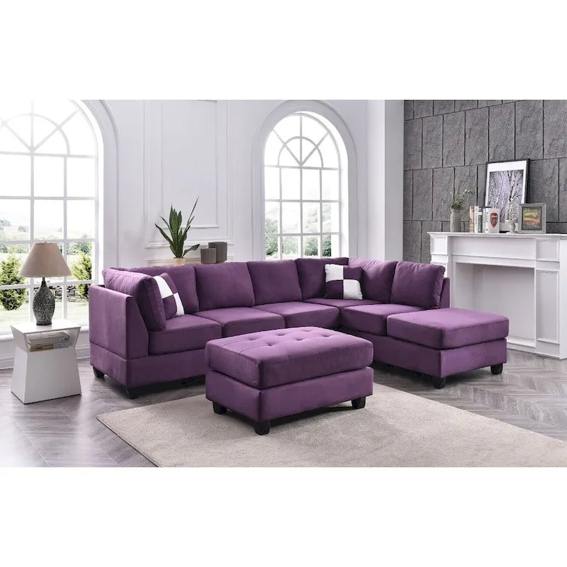 Divano componibile a 4 posti reversibile in microsuede con cuscini decorativi – Viola