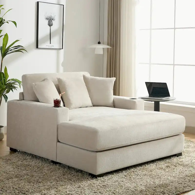 Divano moderno extra-large con chaise longue, cuscini, stazione di ricarica e portabicchieri