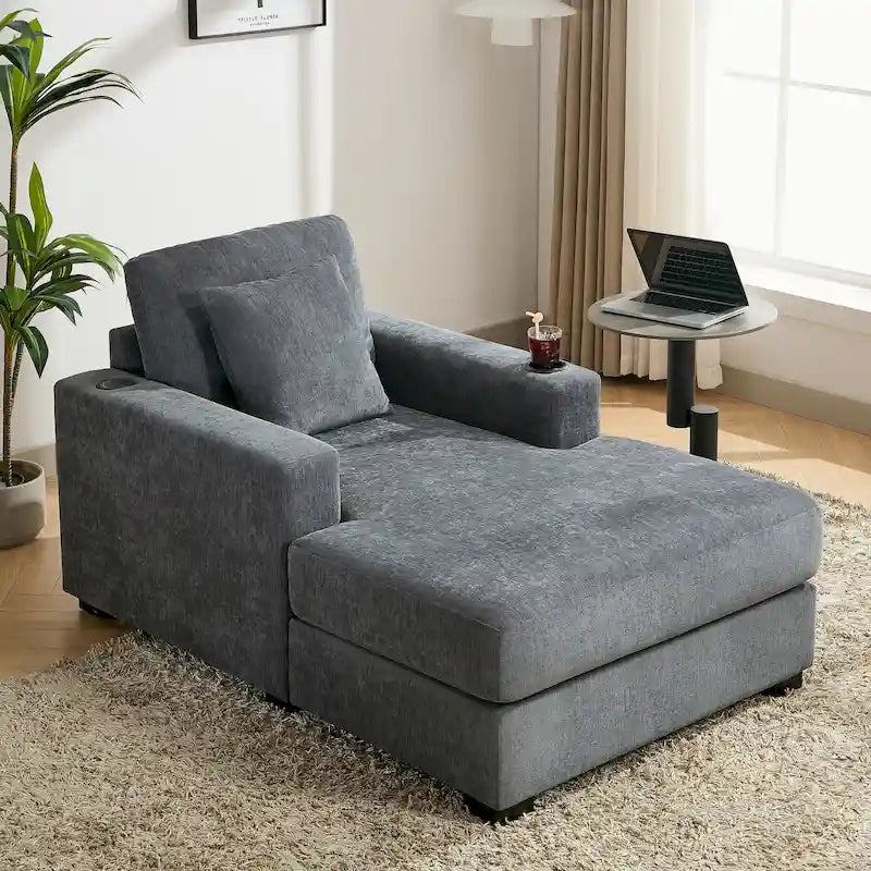 Divano moderno extra-large con chaise longue, cuscini, stazione di ricarica e portabicchieri