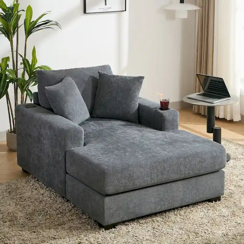 Divano moderno extra-large con chaise longue, cuscini, stazione di ricarica e portabicchieri
