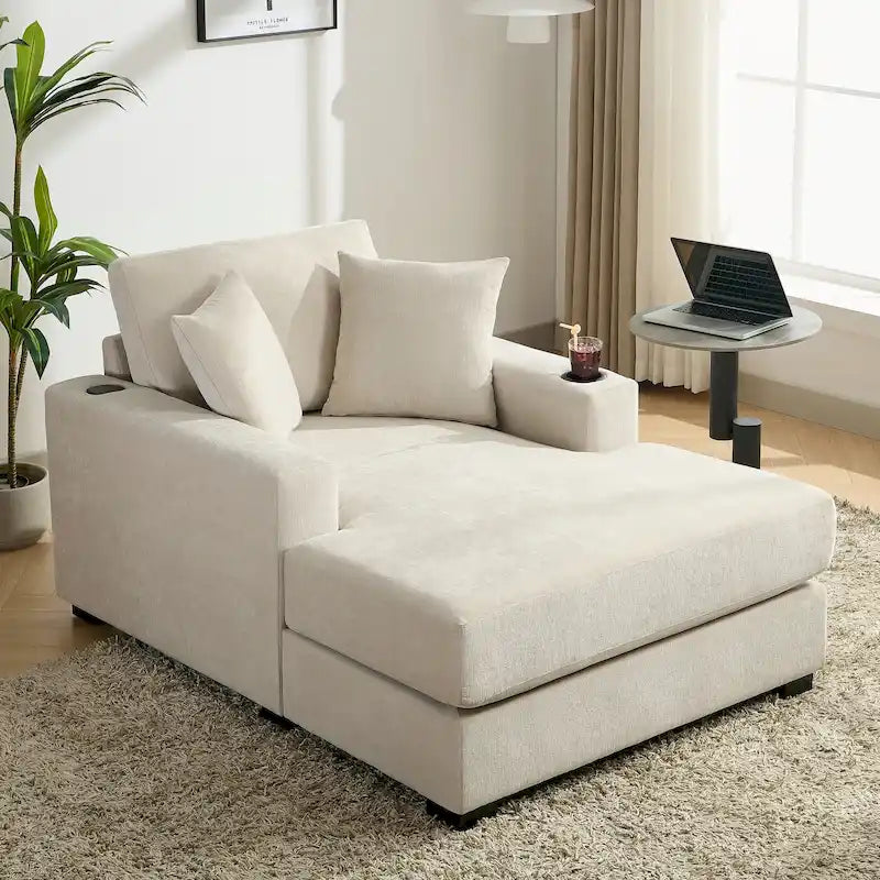 Divano moderno extra-large con chaise longue, cuscini, stazione di ricarica e portabicchieri