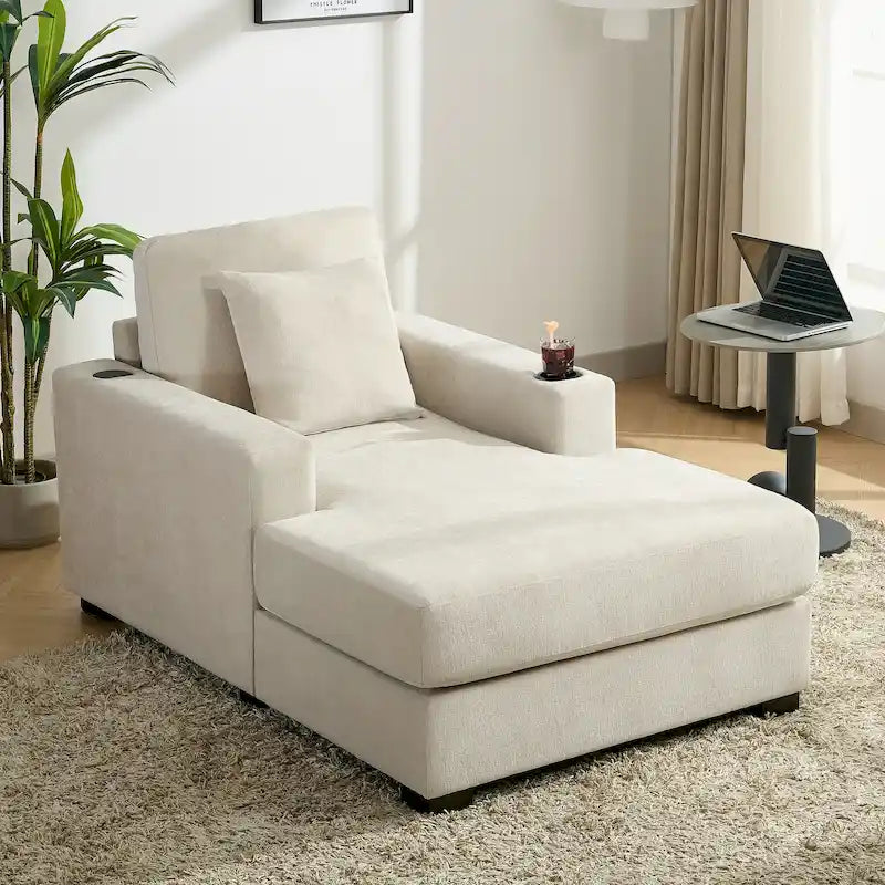 Divano moderno extra-large con chaise longue, cuscini, stazione di ricarica e portabicchieri
