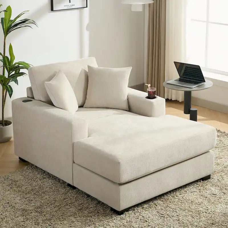 Divano moderno extra-large con chaise longue, cuscini, stazione di ricarica e portabicchieri