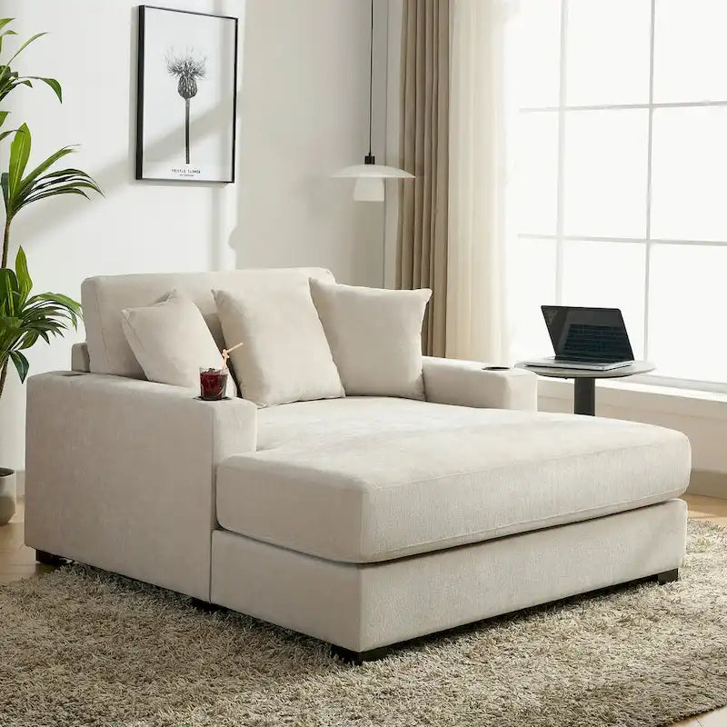 Divano moderno extra-large con chaise longue, cuscini, stazione di ricarica e portabicchieri