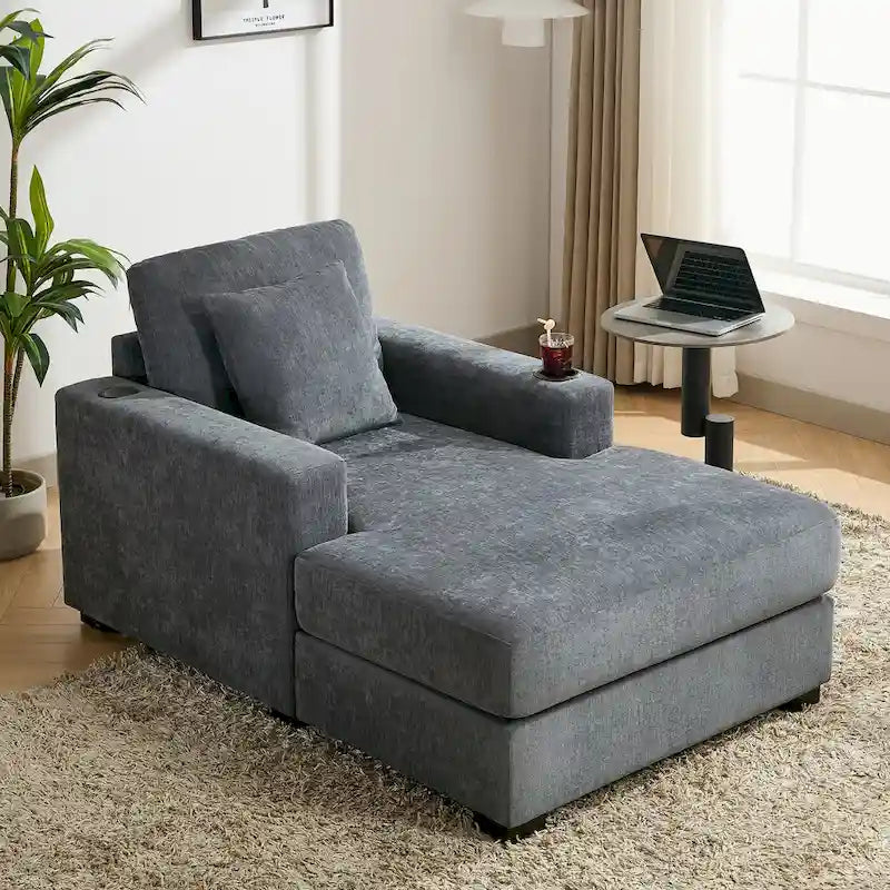 Divano moderno extra-large con chaise longue, cuscini, stazione di ricarica e portabicchieri