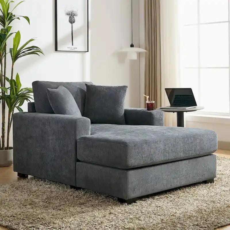 Divano moderno extra-large con chaise longue, cuscini, stazione di ricarica e portabicchieri