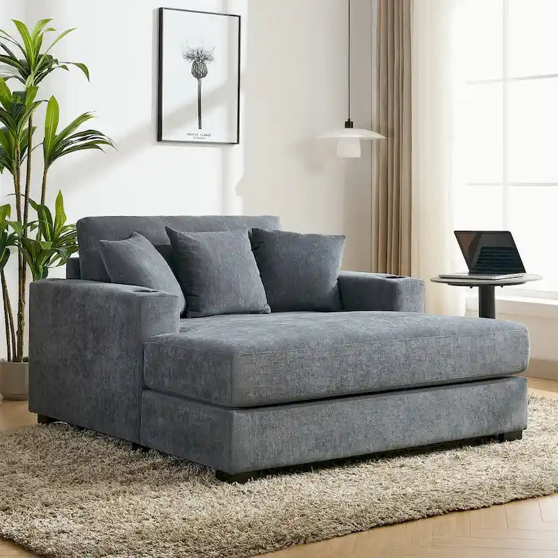 Divano moderno extra-large con chaise longue, cuscini, stazione di ricarica e portabicchieri