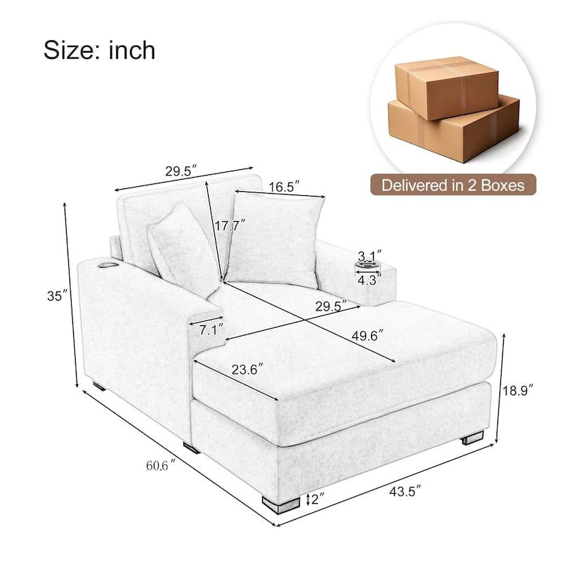 Divano moderno extra-large con chaise longue, cuscini, stazione di ricarica e portabicchieri