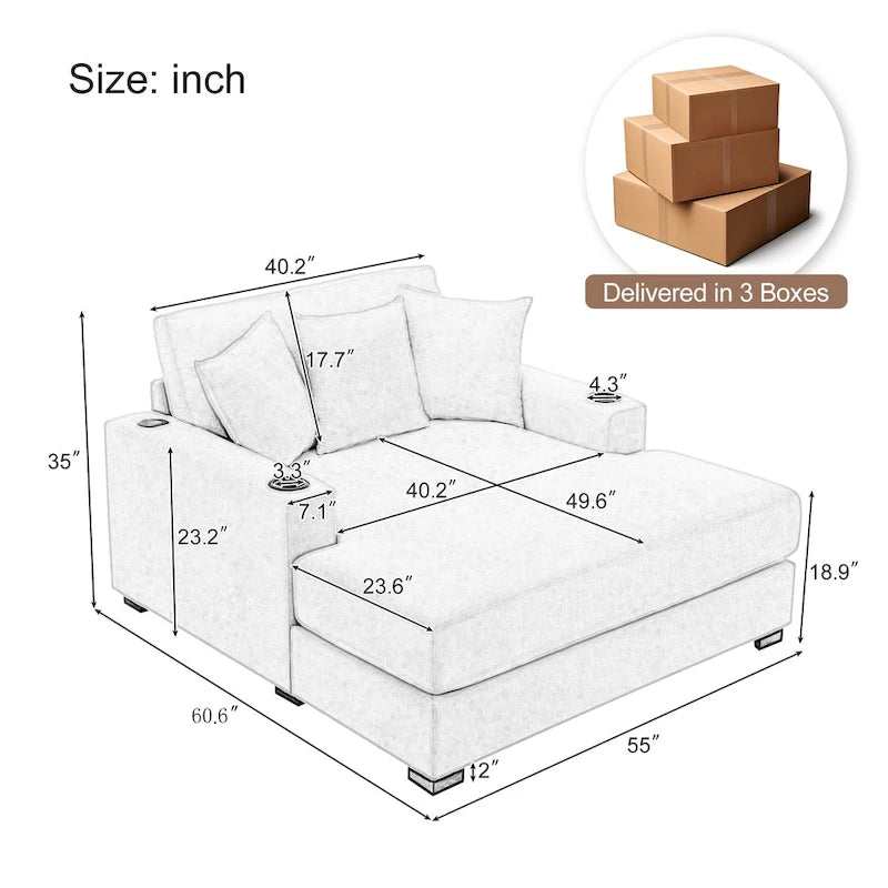 Divano moderno extra-large con chaise longue, cuscini, stazione di ricarica e portabicchieri