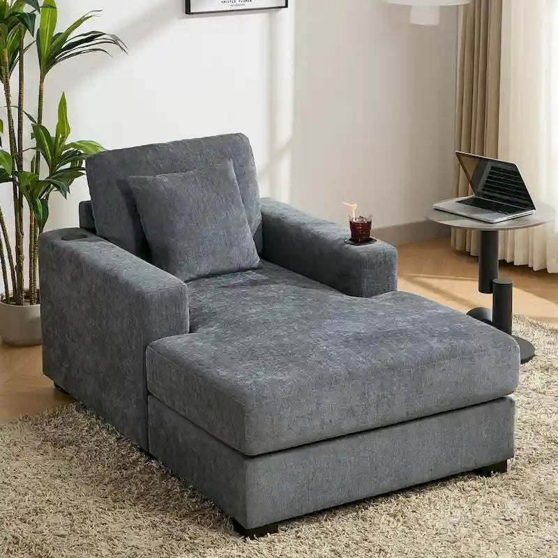 Divano moderno extra-large con chaise longue, cuscini, stazione di ricarica e portabicchieri