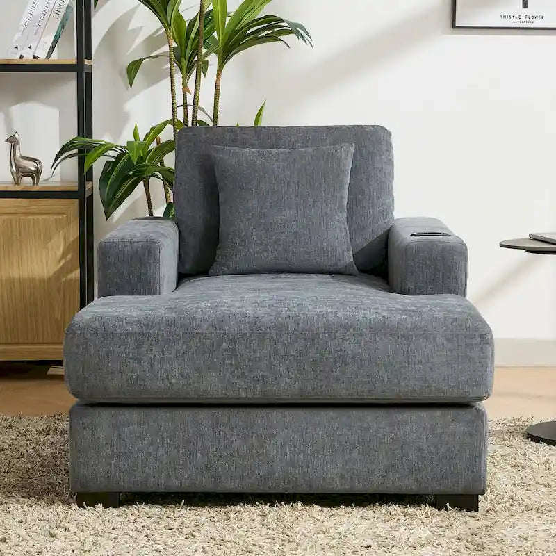 Divano moderno extra-large con chaise longue, cuscini, stazione di ricarica e portabicchieri