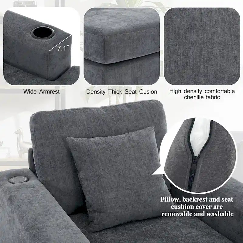 Divano moderno extra-large con chaise longue, cuscini, stazione di ricarica e portabicchieri