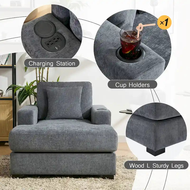 Divano moderno extra-large con chaise longue, cuscini, stazione di ricarica e portabicchieri