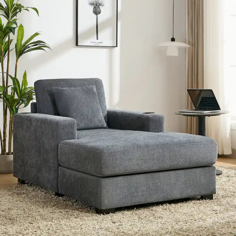 Divano moderno extra-large con chaise longue, cuscini, stazione di ricarica e portabicchieri