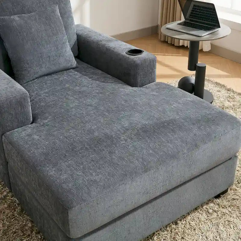 Divano moderno extra-large con chaise longue, cuscini, stazione di ricarica e portabicchieri